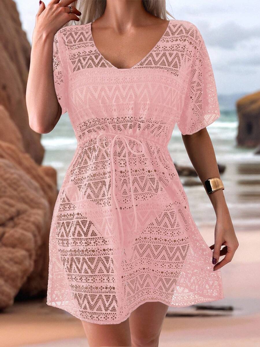 Swim Lushoire Women Solid Color Short Sleeve Cover Up, Fashionable For Summer - Dusty Pink - View 1