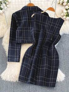 SHEIN Franclia 2025 Fall/Winter New 2-Piece Women's Elegant Long-Sleeved Tweed Jacket And Waisted Tight Dress. Navy Blue Tweed Fabric Is Comfortable And Warm, With Delicate Gold Buttons. Elegant Commuting Outfit. Women's Fall/Winter Outfit, Fall/Winter Two-Piece Outfit, Long-Sleeved Jacket And Sleeveless Dress For Versatile Commuting. The Dress Has Real Pockets And Metallic Buttons. The Dress Has A Center Back Zipper For A Slimming Look And A Long-Sleeved Jacket With An Open Placket For A Slimming, Youthful, And Versatile Commuting Two-Piece Suit. Women's Elegant Fall/Winter New Dress, Fall/Winter New Coat, Women's Fall/Winter Clothing.