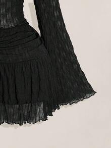 SHEIN ICON Plus Size Lettuce Edge Asymmetric Hem See-Through Top (Without Bra) , Double Layer Cake Skirt Two Pieces Set, Suitable For Autumn - Black - View 8
