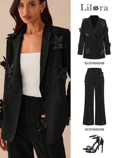 Lilora Blazer elegante de mujer con flores 3D para uso diario, blazer negro de mujer, blazer negro de mujer con aplicaciones florales, blazer floral negro para otoño/invierno