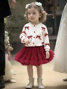 SHEIN Playful Pals 2 Pieces Baby Girls Outfit: Apricot Long Sleeve Cardigan With Bow Decor Top + Burgundy Tulle Cake Skirt, Set For Autumn/Winter Fall - Burgundy - View 8