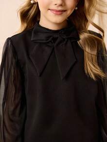 青少年女孩优雅可爱的黑色蝴蝶结长袖上衣、柔软薄纱灯笼袖、白色喇叭裤衬衫套装秋冬 - 黑色 - 查看 8