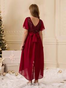 青少年女孩优雅亮片 V 领短袖不对称下摆修身连衣裙，适合晚会、婚礼、毕业典礼、圣诞节、万圣节等场合 - 酒紅色 - 查看 2