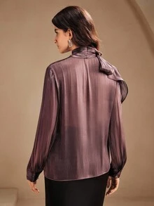 Anewsta Áo cánh nữ cổ cao tay dài thắt nơ thanh lịch, sang trọng, thích hợp cho mùa thu, đông, đi chơi, trang trọng, thường ngày, năm mới, giáng sinh, tốt nghiệp - Màu tím - Xem 2