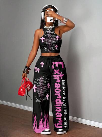 Slaydiva Slogan Graphic Racerback Crop Tank Top & Wide Leg Pants Outfit Set