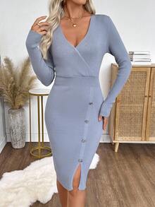 EMERY ROSE Women's Elegant Solid Color V-Neck Button Decor Bodycon Sweater Dress, Autumn/Winter - Grey - View 5
