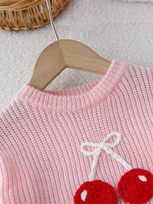 SHEIN Vintaside Kids 少女櫻桃裝飾休閒毛衣，秋冬櫻桃針織套頭衫 - 粉色 - 查看 3