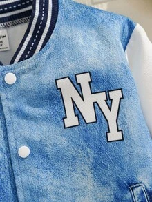 Explorewe 1 pièce Veste ouverte à l'avant avec imprimé lettres et blocs de couleurs pour jeune garçon - Bleu azur - Voir 4