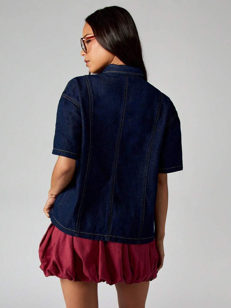 MISSGUIDED Cotton Longline Boxy Denim Shirt With Button Front And Seaming Detail For Women