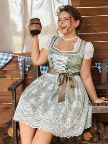 SHEIN Frenchy Dirndl-Kleid in Große Größen für Damen mit aufwendiger Stickerei und Spitze für Oktoberfest - Dunkelgrün - Übersicht 6
