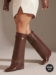 SHUZIA Women's Wide-Calf Knee High Fold Over Pointy Toe Wedge Boots For Christmas - Brown - View 2