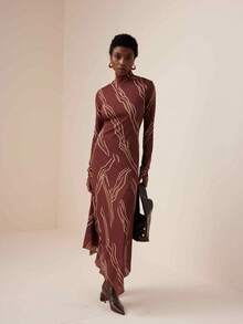 Vesra Vestido asimétrico de manga larga con cuello alto y estampado ajustado para mujer