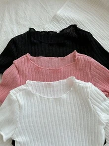 寶寶女孩休閒簡約針織彈性純色短袖連體衣，開口三件套適用於夏季 - 彩色 - 查看 6