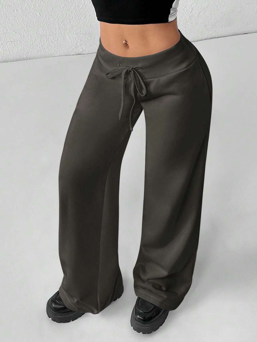 SHEIN PETITE Comfortable And Casual Plain Knitted Low-Rise Wide-Leg Women's Sweatpants Women Pants Wide Leg See Through Pants - Dark Grey - View 1