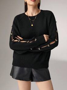 Heiryn 女士圆领插肩袖时尚毛衣，饰有金属蝴蝶结，秋冬款，黑色上衣，黑色针织毛衣，女士毛衣，金色蝴蝶结毛衣 - 黑色 - 查看 6