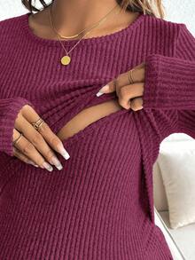 SHEIN 孕妇哺乳休闲纯色圆领修身长袖T恤，秋季孕妇长袖上衣 - 中紫紅色 - 查看 5