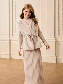 Girls Casual Minimalist Turtleneck Long Sleeve Solid Color Textured Fitted Maxi Dress With V-Neck Furry Vest And Matching Belt Set, Autumn/Winter - Apricot - View 6