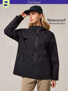 OutZeal Women Water-Resistant Windproof Drawstring Waist Zip Pocket Thumbhole Black Outdoor Shell Jacket Hiking Camping Fall Winter - Black - View 11
