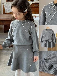 LMoss Kids 2件套少女纯色圆领修身毛衣和迷你裙 - 灰色 - 查看 3