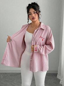 Elenzga 大码女式法式条纹刺绣心形衬衫 - 紅色 - 查看 3