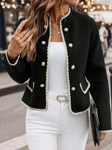 SHEIN Clasi 冬季优雅金属扣装饰修身女士夹克，黑白配色，黑色夹克，秋冬季短款夹克，感恩节秋季时尚单品，舒适秋冬 - 黑色 - 查看 3
