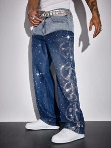 ROMWE MEN Street Life Men's Rhinestone Patchwork Contrast Color Denim Jeans - Blue - View 7