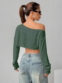 Flirla Top corto asimétrico de hombro de unicolor y sexy - Verde militar - Ver 2