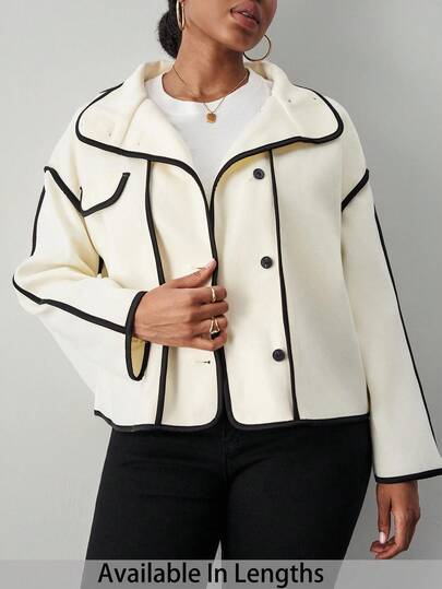 SHEIN Tall CURVE 大码女式长袖撞色装饰羊毛混纺大衣秋冬女装