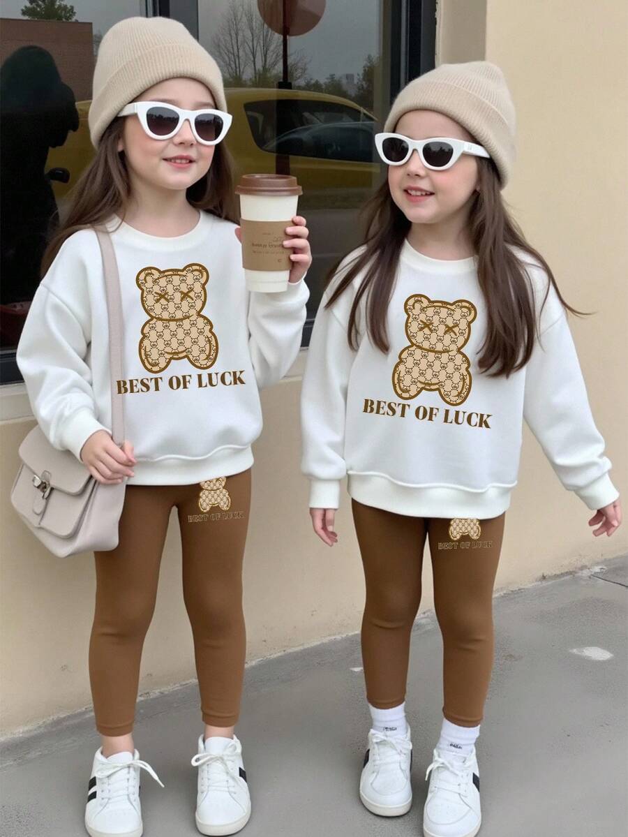 Young Girl 1pc Bear & Slogan Graphic Drop Shoulder Thermal Lined Sweatshirt & 1pc Leggings - Multicolor - View 1