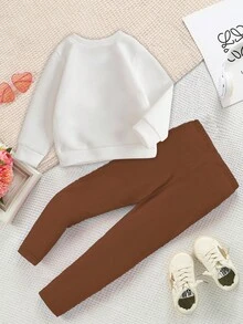 Young Girl 1pc Bear & Slogan Graphic Drop Shoulder Thermal Lined Sweatshirt & 1pc Leggings - Multicolor - View 2