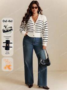 Elaquor 秋季大码休闲通勤条纹开衫 - 藍白色 - 查看 3