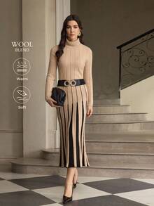 ZEYLAH 2 pièces Ensemble pull col montant ajusté et jupe pour femmes, Automne/Hiver - Nude - Voir 2