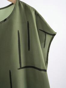 Rusticease Plus Size Crew Neck Batwing Sleeve Allover Print Short Casual Dress, For Summer - Army Green - View 7