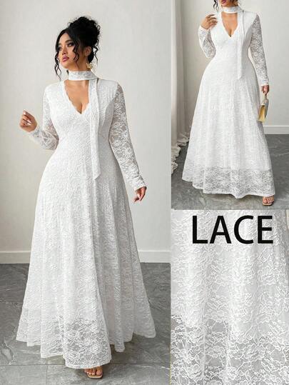 Elenzga Vestido de encaje ajustado de manga larga con cuello en V sexy y elegante estilo francés para mujer de talla grande