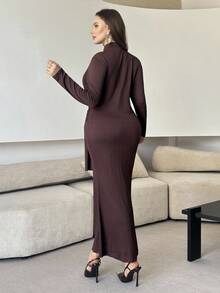 Modelyn Gestricktes Midikleid mit Rollkragen, Langarm und Struktur in Große Größen, Lässig für Frühling & Herbst - Schokoladenbraun - Übersicht 2