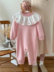 SHEIN Baby Girl Contrast Color Round Neck Long Sleeve Fuzzy Ball Decor Ruffle Casual Sweater Romper Fall Winter - Dusty Pink - View 5