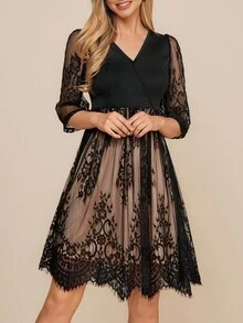Amorya Contrast Lace Overlap Collar Mesh Overlay Dress