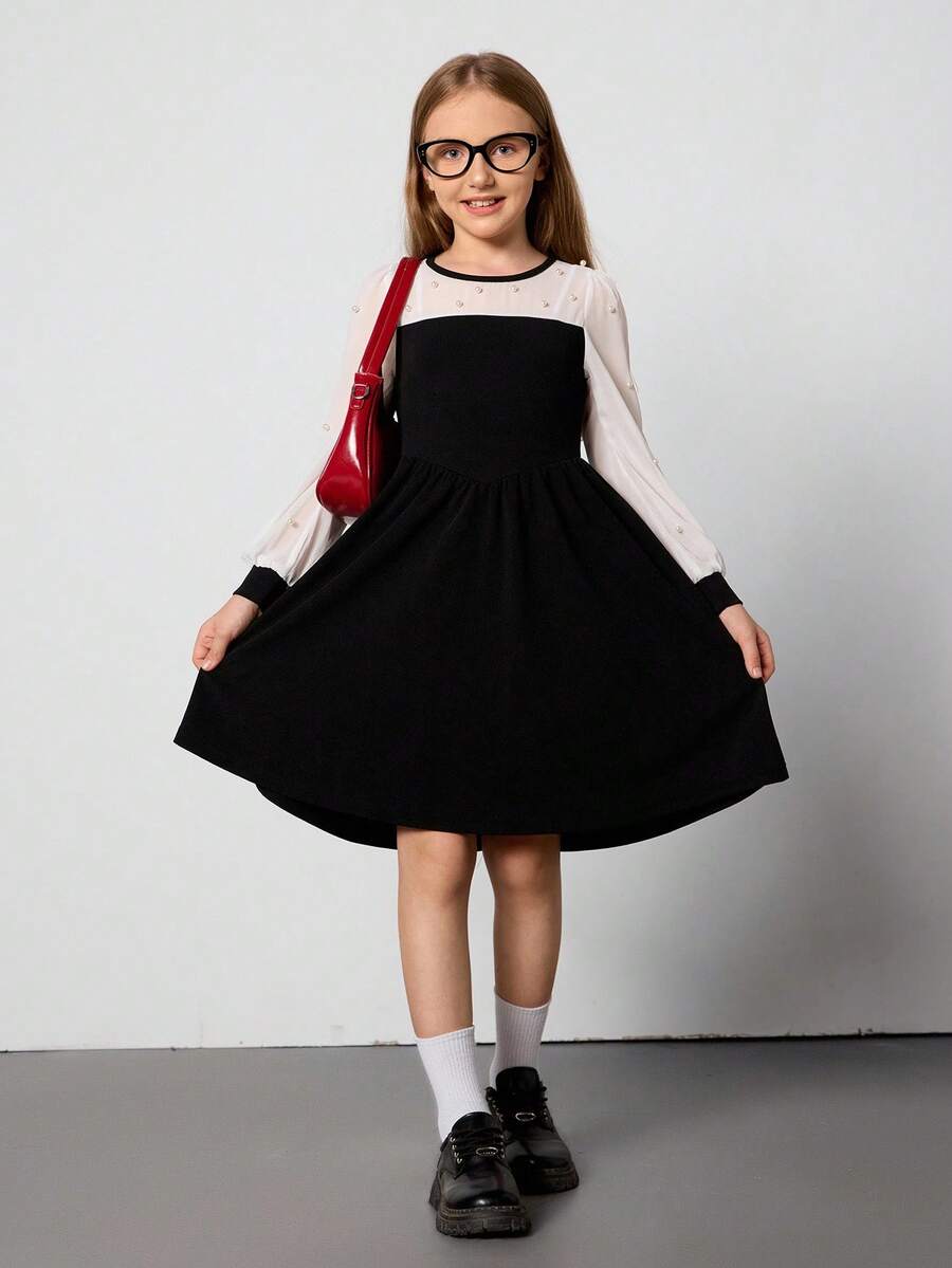 Tween Girl 优雅珍珠装饰拼色长袖圆领 A 字连衣裙,休闲户外、派对、宴会、春秋季 - 黑色 - 查看 1