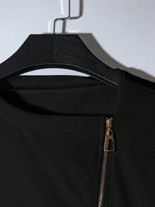 Franclia 时尚法式侧收不对称领金属拉链白色女式长袖 T 恤，春秋 - 黑色 - 查看 5