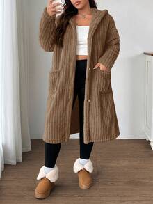 SHEIN EZwear 大码女式棕色连帽中长款休闲双面抽绳羊毛夹克 - 棕色 - 查看 4