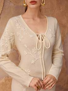 Modelyn 女士时尚优雅系带领长袖修身毛衣裙 - 米色 - 查看 1