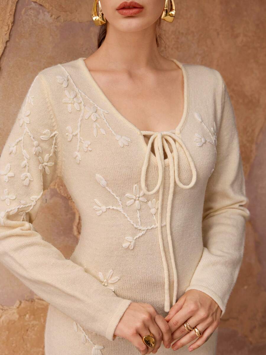 Modelyn 女士时尚优雅系带领长袖修身毛衣裙 - 米色 - 查看 1