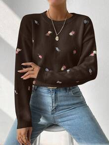 EMERY ROSE Áo len dài tay cổ tròn thêu hoa nhiều màu sắc dành cho nữ - Màu nâu Sô-cô-la - Xem 6