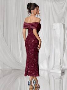 Coutiva 优雅落肩露背果绿色缎面拼接提花亮片下摆直裙后开衩派对礼服，适合生日派对、日常聚会、舞会礼服、鸡尾酒会、毕业典礼、学校开学派对等。