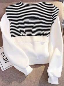 Resyla 大码休闲骑士刺绣圆领长袖运动衫，百搭女式上衣 - 白色 - 查看 2