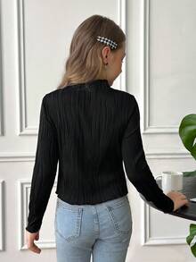 SHEIN 少女休闲简约百搭提花针织立领荷叶边修身长袖黑色T恤上衣，适合日常叠穿，秋冬季节穿着。 - 黑色 - 查看 5