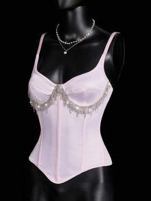 SHEIN ICON 女士粉色水晶吊坠流苏文胸吊带背心，适合派对和休闲场合 - 粉色 - 查看 4