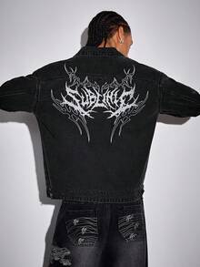 ROMWE MEN Men's Gothic Pattern Long Sleeve Zip-Up Casual Denim Jacket, Autumn - Black - View 9