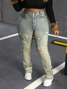 Slaydiva Plus Size Women Stretch Distressed Denim Jeans, Retro American Style, Street Fashion, Ankle Length Skinny Fit, Autumn Ripped Women Jeans Stacked Jeans Women Distressed Jeans Denim Women Women Jeans Low Rise Jeans Y2k Style Jeans Winter Women Pants Women Jeans Women Denim
