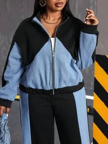 Slaydiva 大码女式秋季撞色长袖休闲拉链牛仔外套 - 彩色 - 查看 5